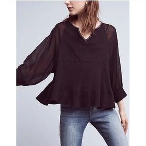 Elegant Black Jersey with Sheer Sleeves Women's Blouse